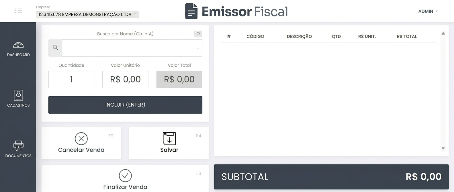 Tela de listagem de notas fiscais do Emita Go